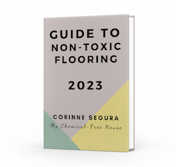 A book mock up with the title page saying Guide to Non Toxic Flooring 2023 Corinne Segura