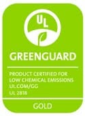 The logo for GreenGuard Gold, produce certified for low chemical emissions ul.com/GG