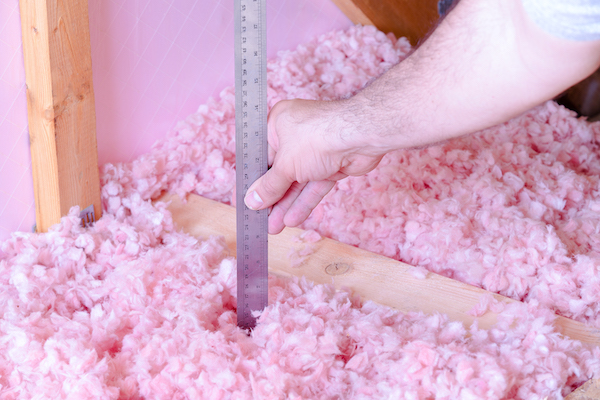 A close up of blown in fiberglass insulation in a attic floor with a man measuring the depth of it