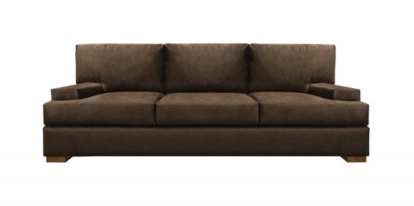 A dark brown sofa from EcoBlanaza with very low arm rests